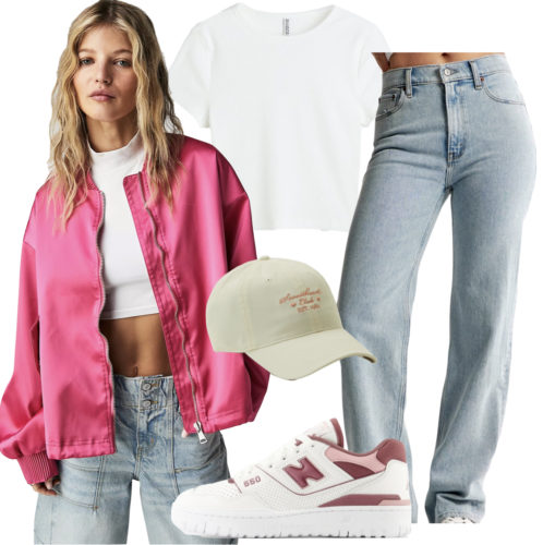 Casual Pink Outfit with jeans, sneakers, and a bomber jacket