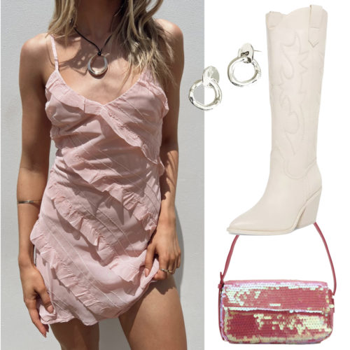 Pink Concert Outfit with a pink mini dress and cowboy boots
