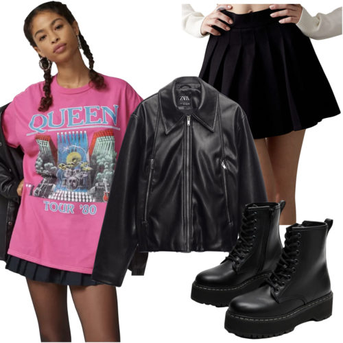 Edgy Pink Outfit with a band t-shirt, lace up boots, faux leather jacket and pleated mini skirt