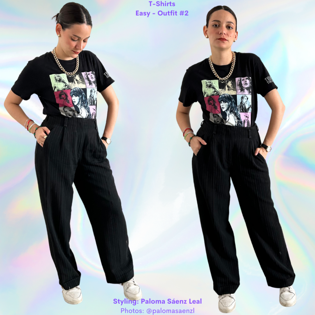 T-Shirts 101: black conecrt tee, black pinstripe trousers, white sneakers, gold chain necklace, gold earrings