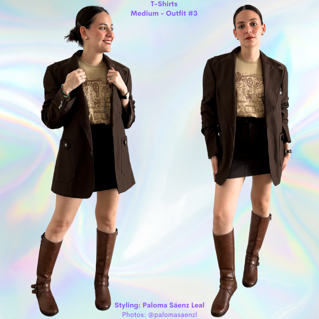 T-Shirts 101: beige graphic tee, brown blazer, brown mini skirt, brown riding boots