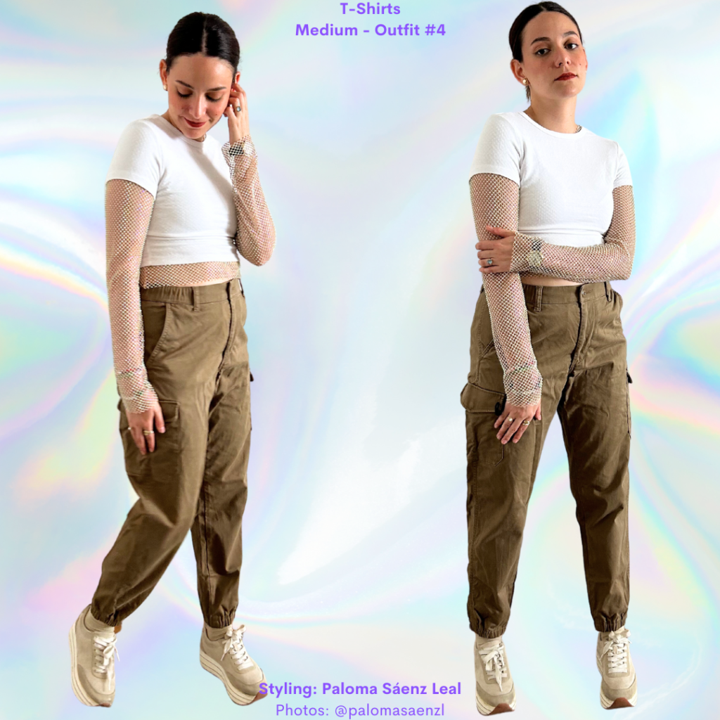 T-Shirts 101: white baby tee, gold mesh top, olive green cargo pants, beige platform sneakers. 