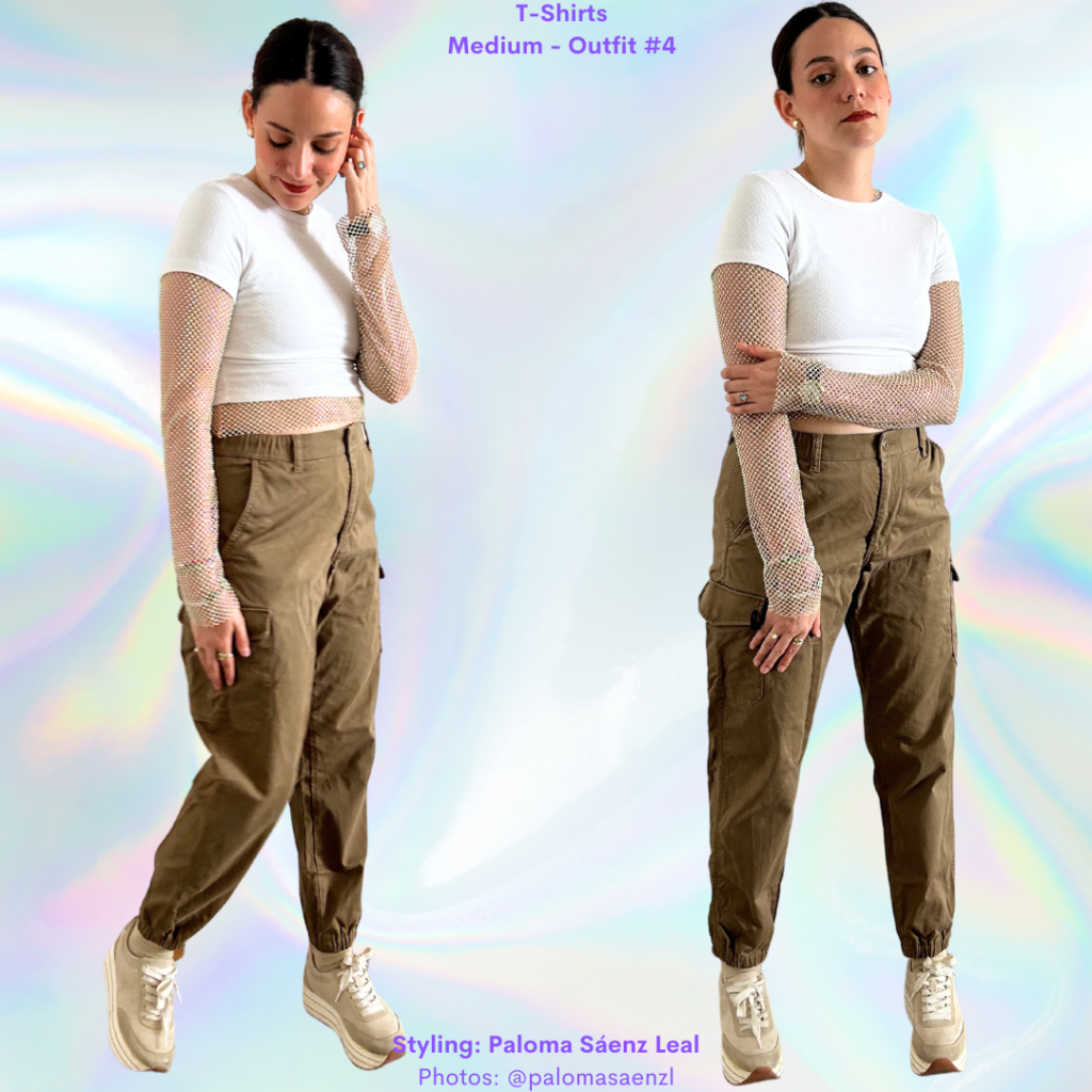 T-Shirts 101: white baby tee, gold mesh top, olive green cargo pants, beige platform sneakers.