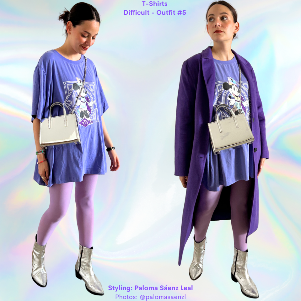 T- Shirts 101: lilac oversized t-shirt, lilac tights, purple coat, silver purse, silver boots. 