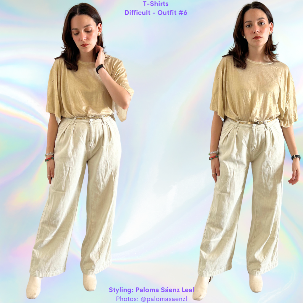 T-Shirts 101: gold t-shirt, off white wide leg jeans, off white booties, gold chain belt.
