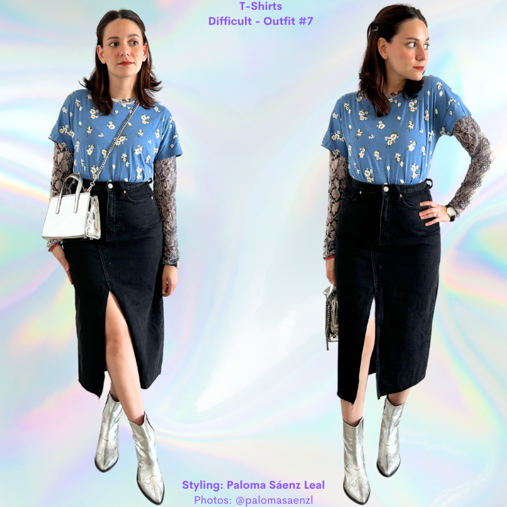 T-Shirts 101: blue floral t-shirt, blue snake print mesh top, black denim pencil skirt, silver purse, silver boots.
