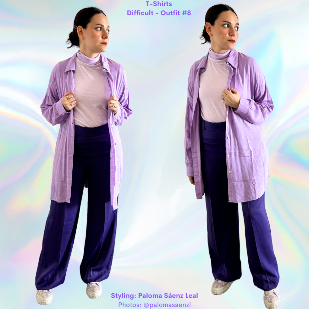 T-Shirts 101: lilac t-shirt, lilac turtleneck top, purple wid eleg pants, lilac shirt, lilac sneakers.
