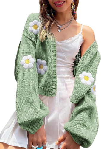 Soft girl outfit with green daisy cardigan and little white lace dress