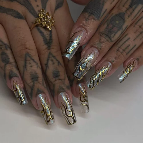 Gold flaming glitter nails from Etsy