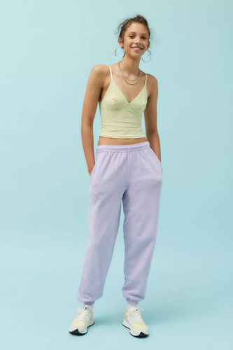 Pastel purple sweats and light green tank -- casual cozy soft girl outfit 