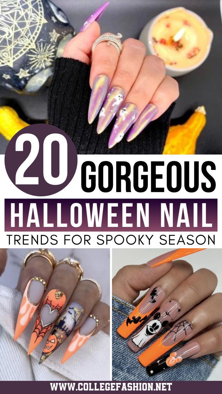 Photo of three sets of Halloween manicures with the text 20 Gorgeous Halloween Nail Trends for Spooky Season