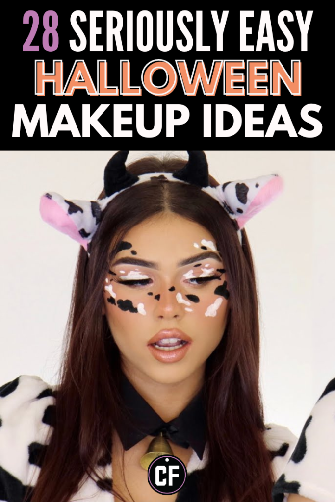 The title image reads 28 Very Easy Halloween Makeup Ideas and is accompanied by a photo of a woman wearing cow makeup