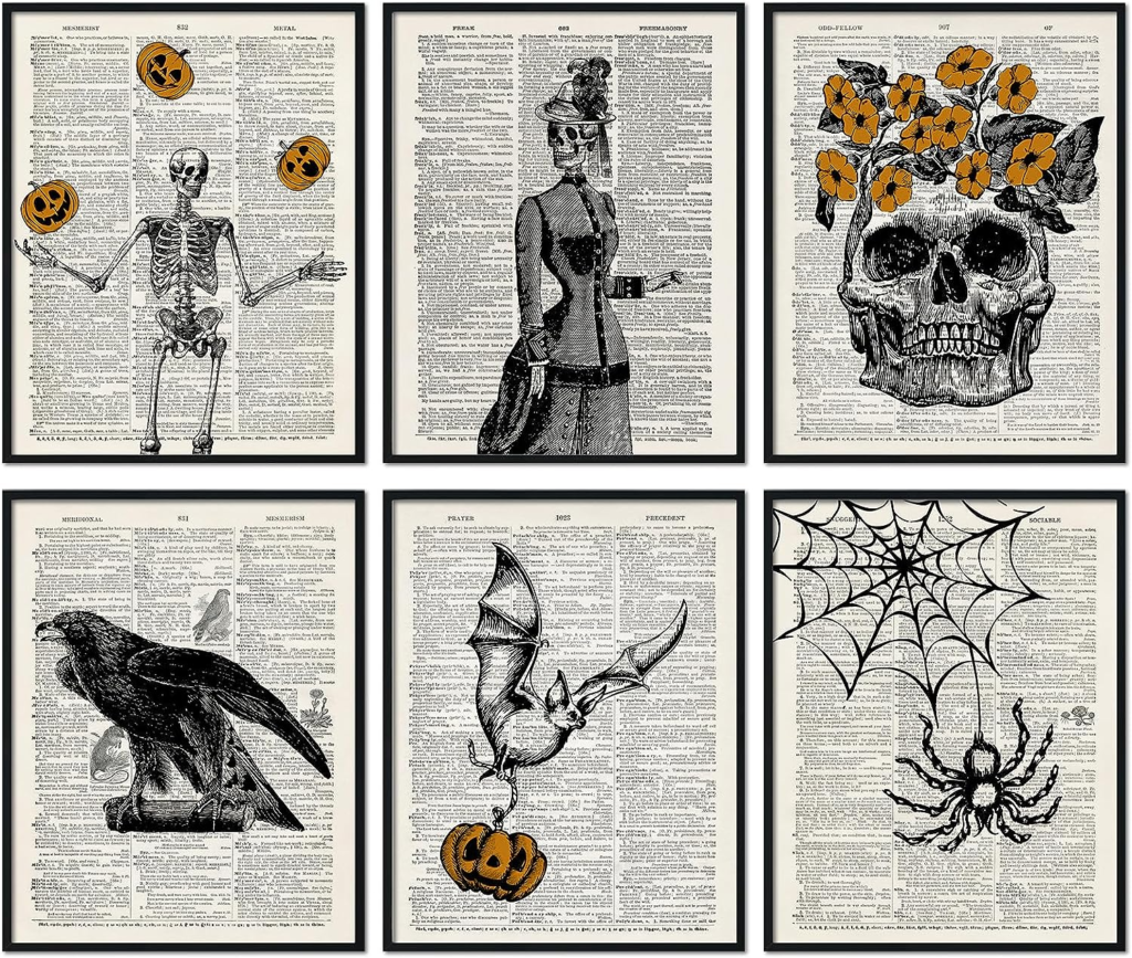 Set of six vintage-style art prints depicting skeletons, a raven, bats, and spiders on newsprint