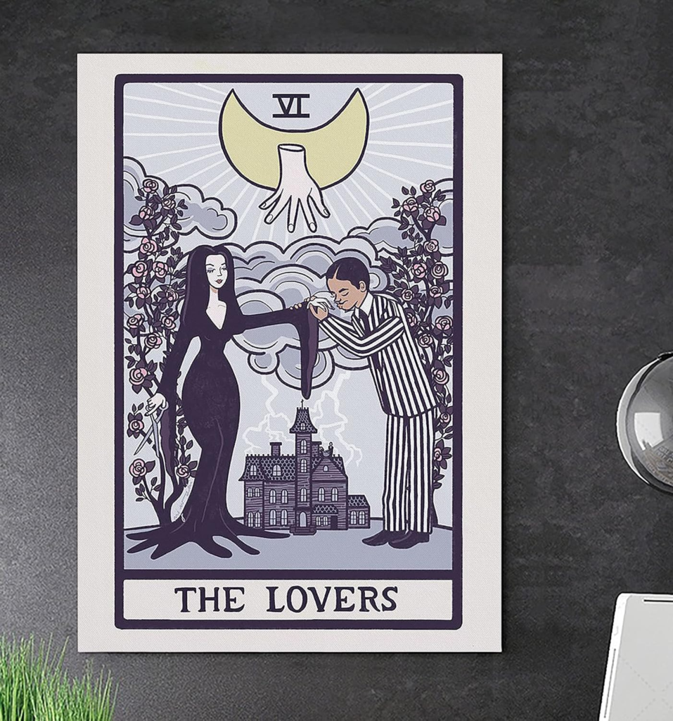 Halloween aluminum sign of a tarot card depicting Morticia and Gomez Addams with the text 