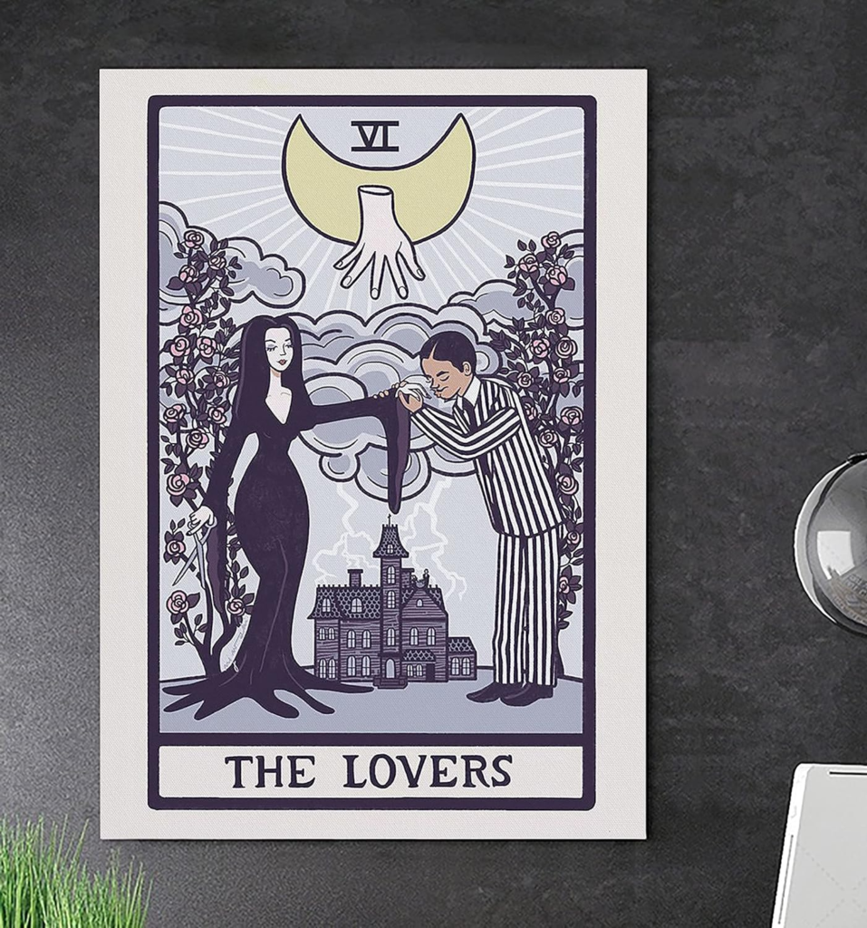 Halloween aluminum sign of a tarot card depicting Morticia and Gomez Addams with the text "the Lovers"