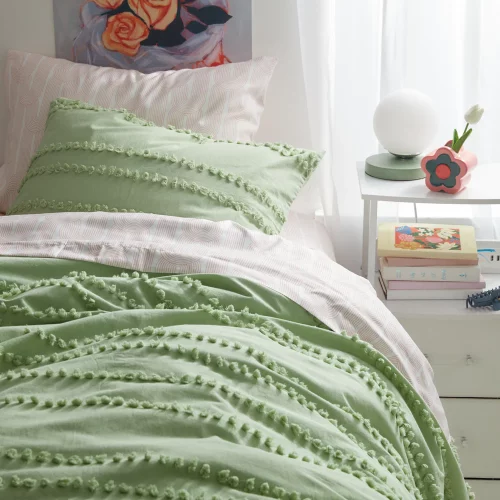 Green pom pom stripe comforter & sham set