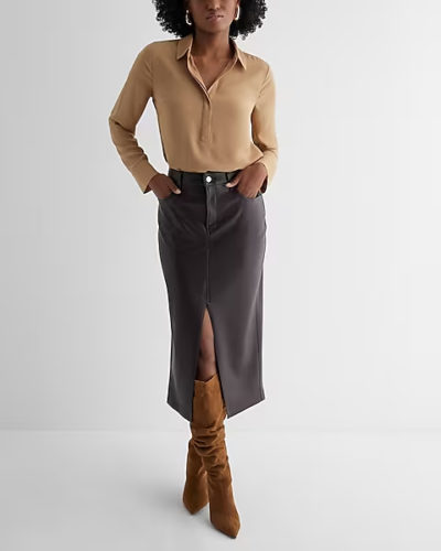 Express Button Up Shirt Midi Skirt Outfit 