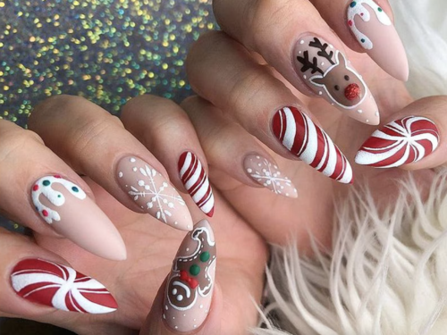 Christmas candy cane and reindeer nail art on 