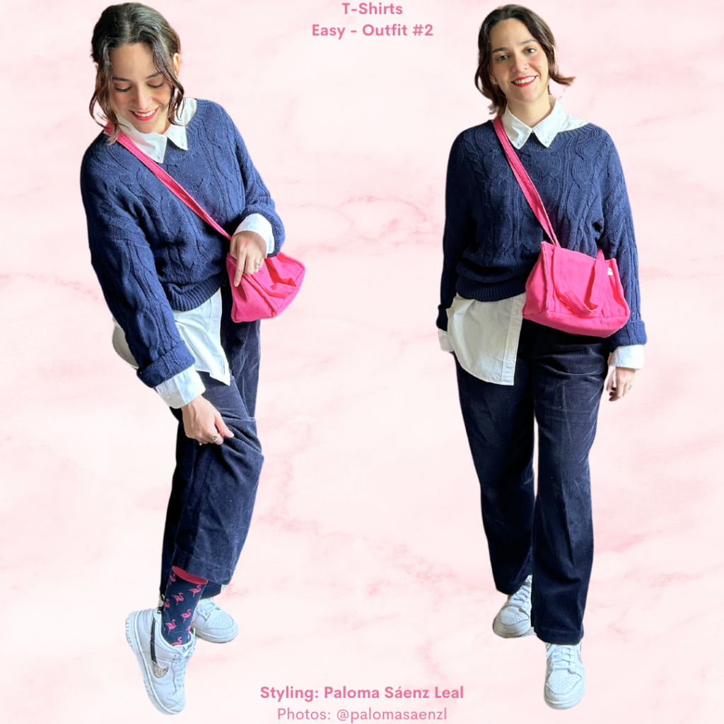 Layering 101: white shirt, blue knit sweater, blue corduroy pants, pink and blue flamingo socks, pink crossbody bag