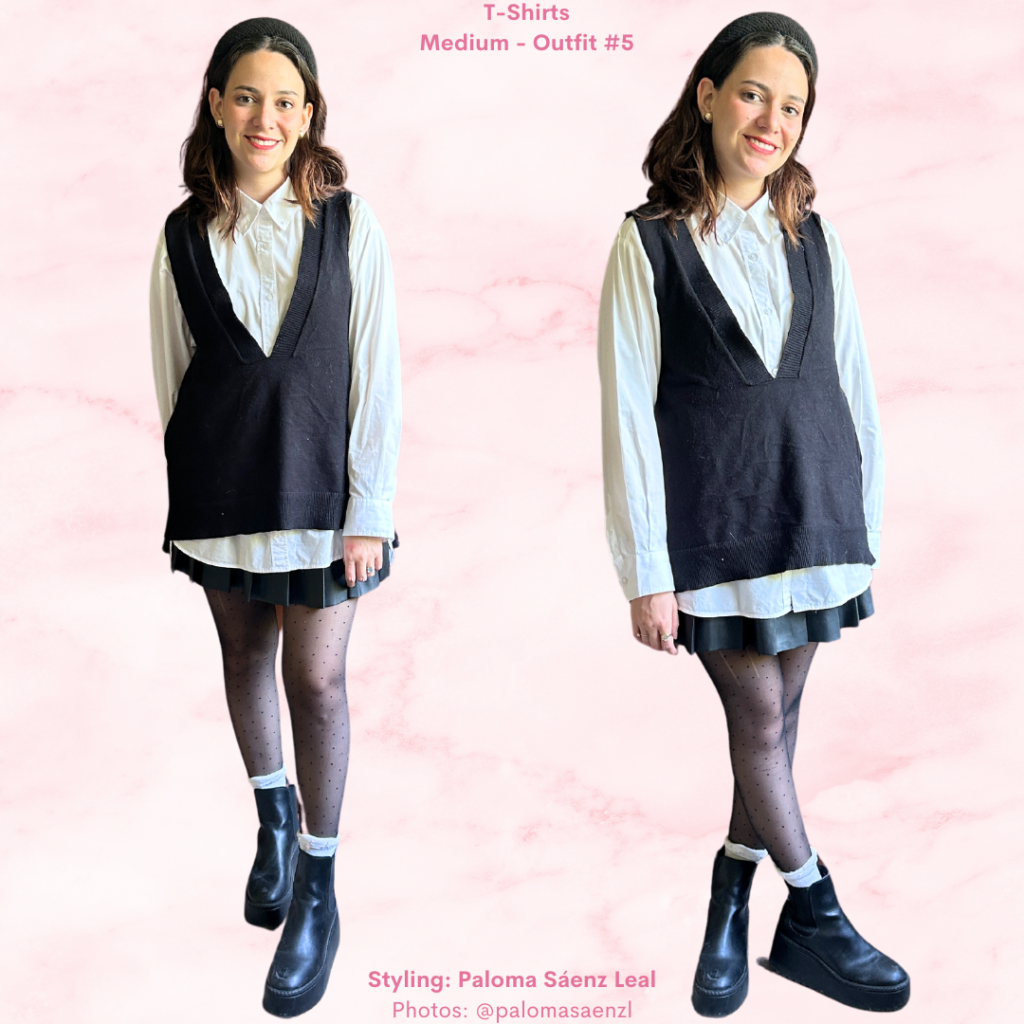 Layering 101: white shirt, black knit vest, black faux leather mini skirt, black sheer tights, white socks, black paltform booties, black hairband