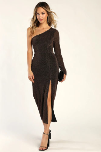 Lulus Bronze Lurex One Shoulder Dress