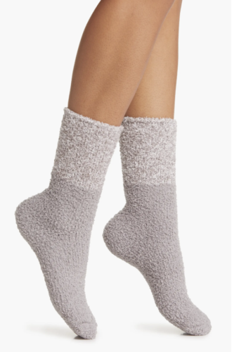 Barefoot dreams fuzzy socks in light gray heather stripe