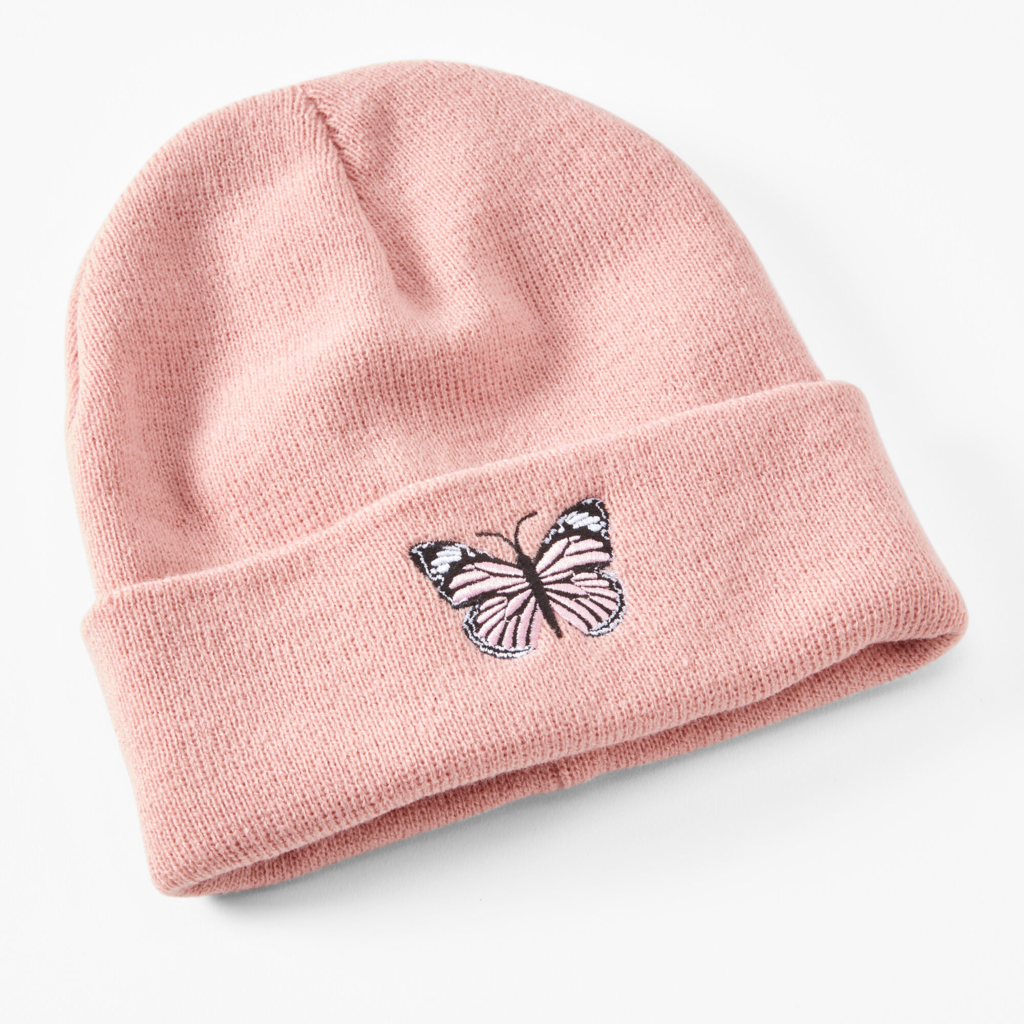 Knit beanie from Claire's in pink with a butterfly graphic