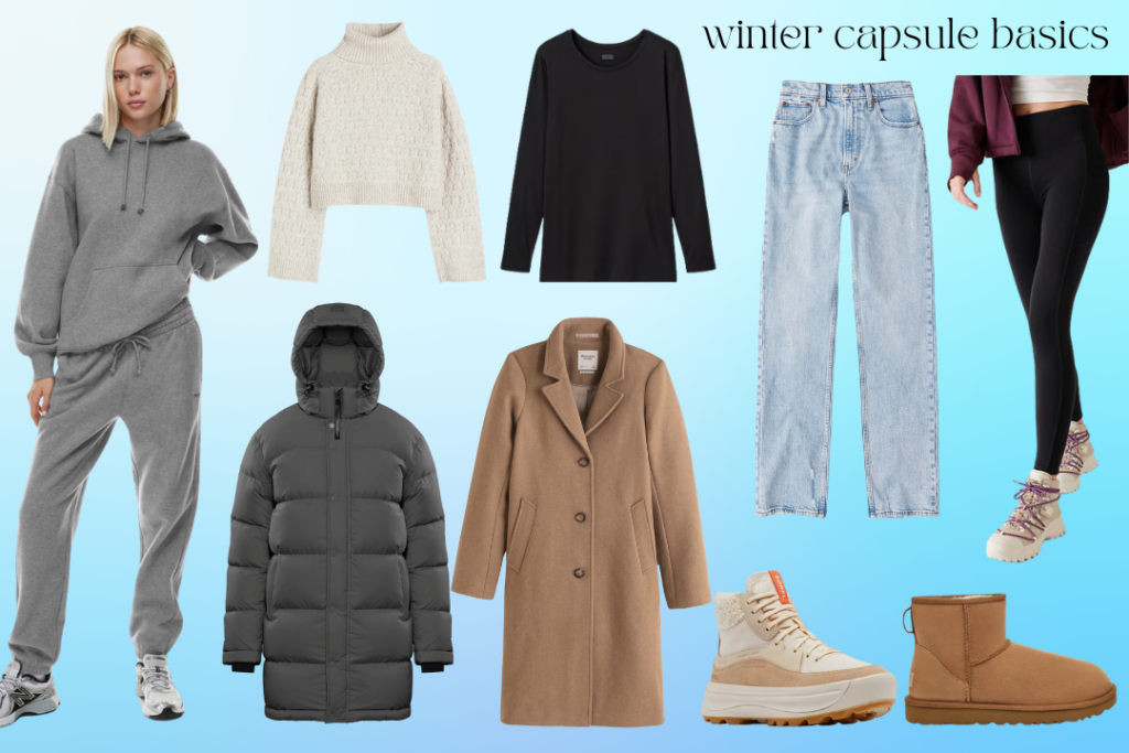 Example winter capsule wardrobe made up of basics: Gray sweatsuit, cream turtleneck sweater, black fleece-lined leggings, straight leg jeans, black thermal long-sleeve tee, gray warm puffer coat, camel wool coat, snow boots, cozy ugg boots