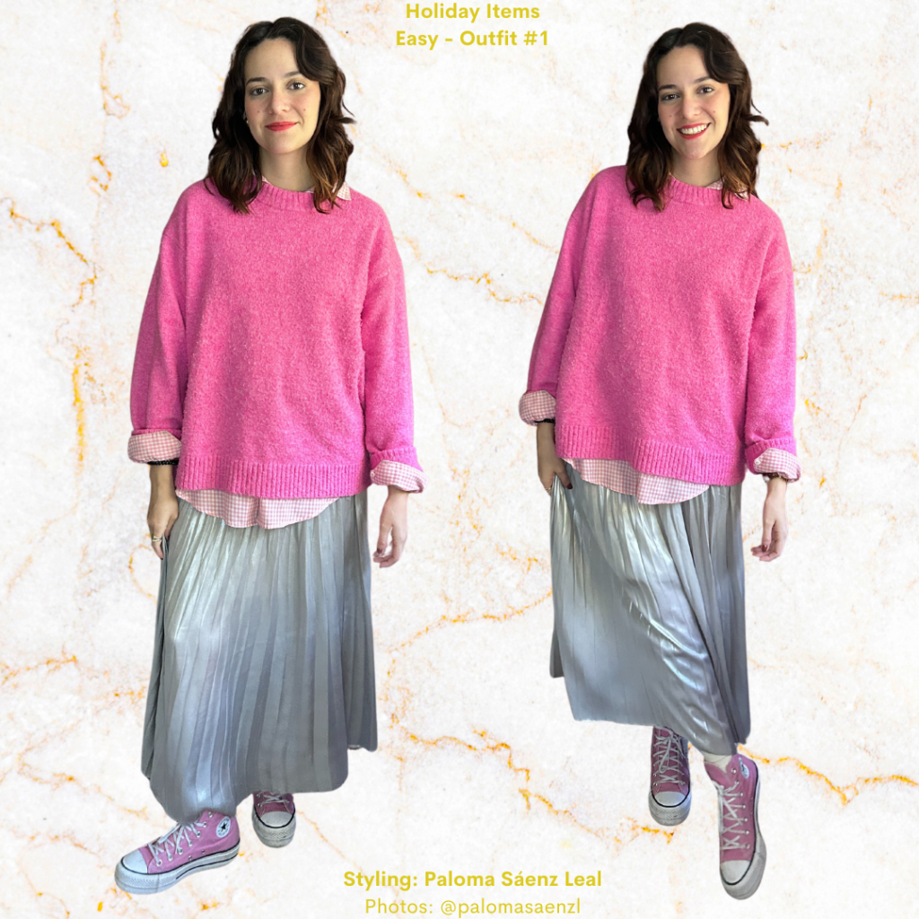 Holiday Items: Silver metallic skirt, pink sweater, pink gingham shirt, pink Converse