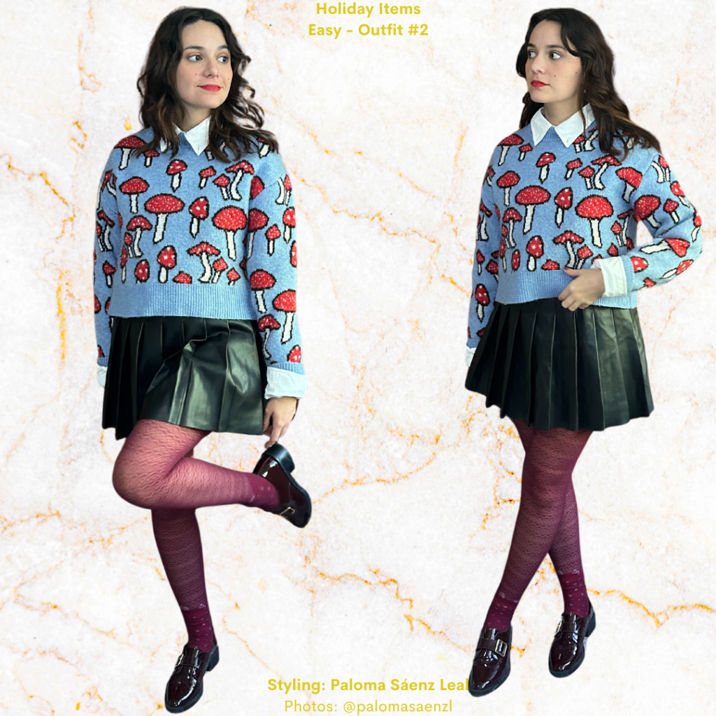 Holiday Items: White Oxford shirt, black leather skirt, blue mushroom sweater, burgundy tights, burgundy loafers