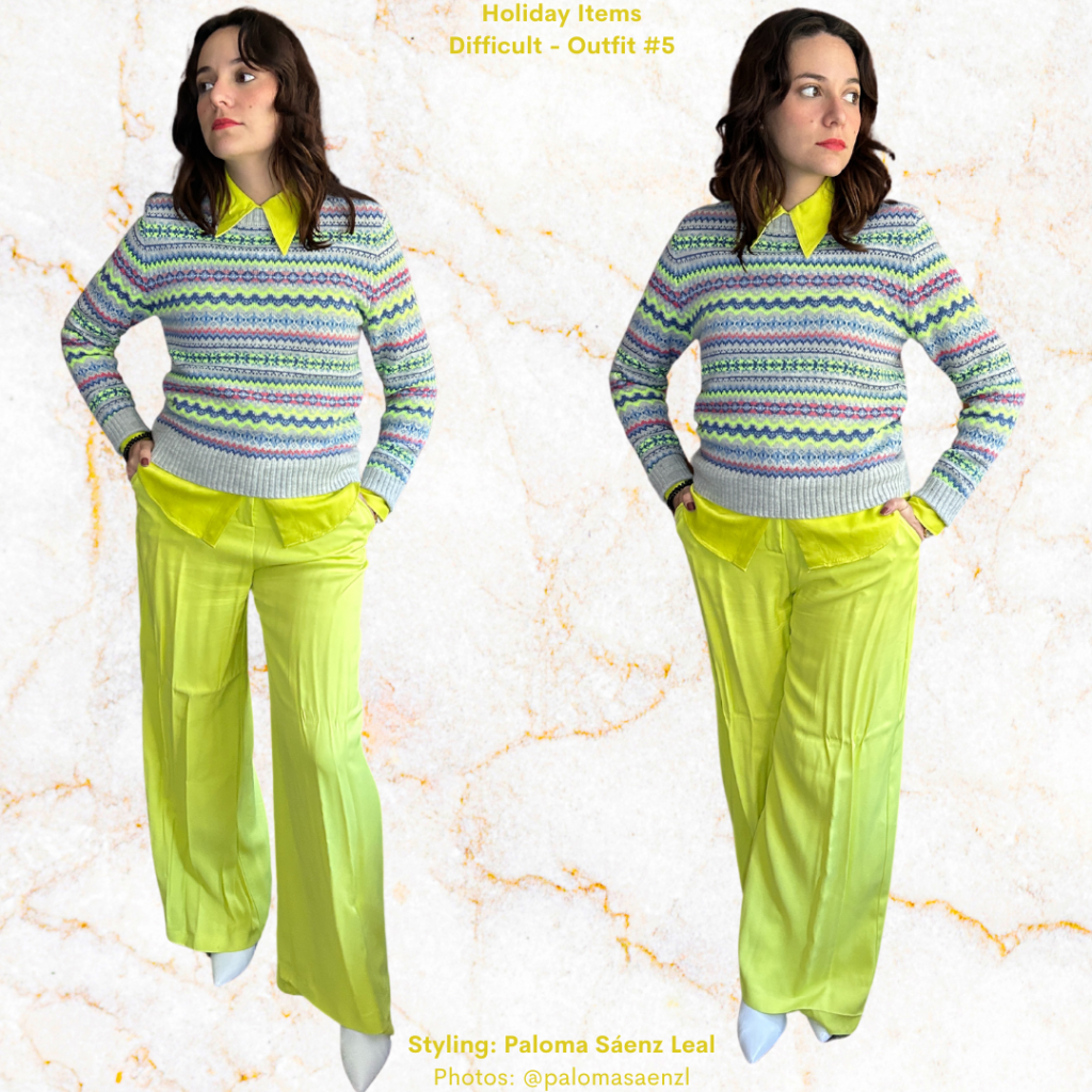 Holiday Items: Grey ski sweater, neon yellow satin shirt, neon yellow satin pants, white booties. 