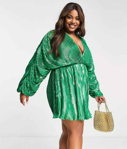 ASOS green metallic v-neck gathered mini dress in plus sizes, paired with a gold purse for Mardi Gras