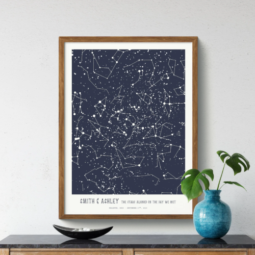 Custom print of the night sky on a certain date with the date and place and the couple's name at the bottom