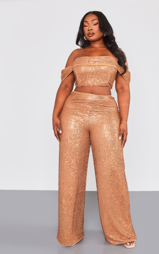 Plus size Mardi Gras gold sequin crop top and wide leg pants set