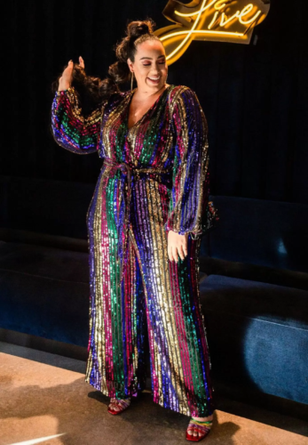 Plus size rainbow sequin jumpsuit outfit for Mardi Gras