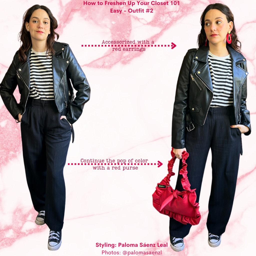 Freshen Up Your Closet 101: Black and white striped t shirt, pinstripe pants, faux leather biker jacket, black Converse, red earrings, red purse