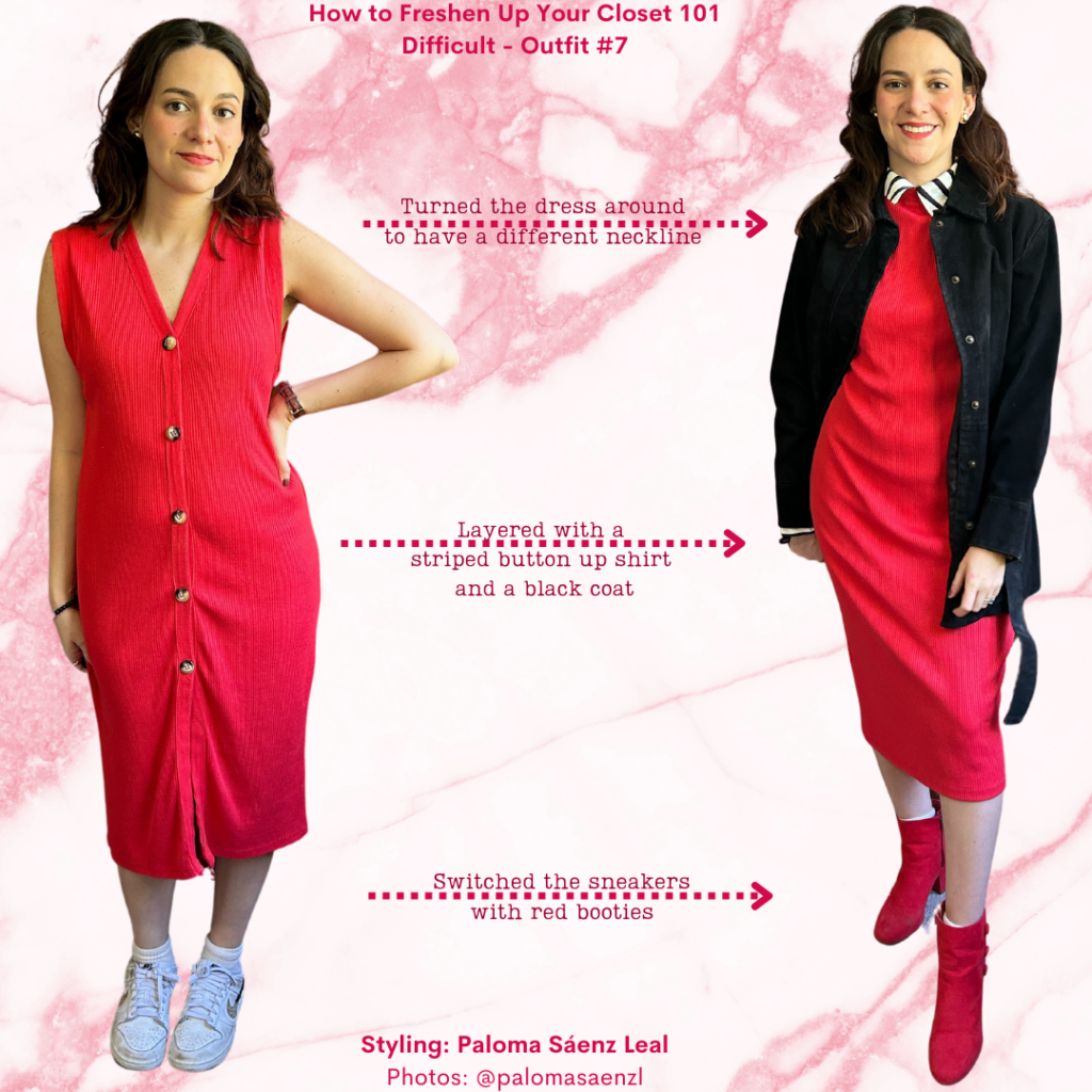 Freshen Up Your Closet 101: Red knit dress, striped button up shirt, black suede coat, red booties, white sneakers