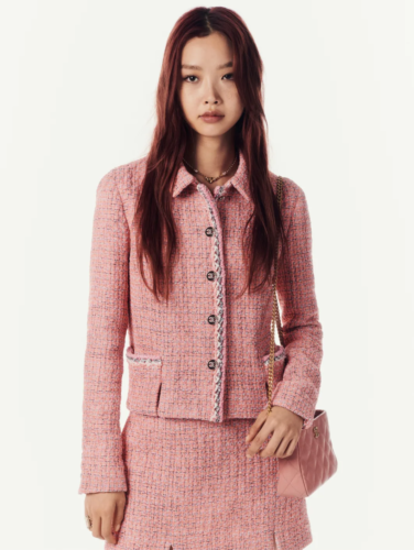 Chanel Spring Summer 2024 outfit with pink tweed skirt suit set, pink quilted bag, costume jewelry