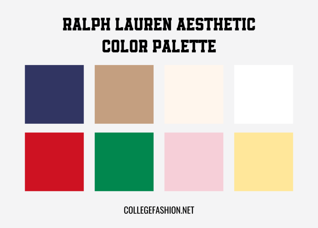 Ralph Lauren aesthetic color palette with navy blue, brown, cream, white, red, kelley green, pastel pink, pastel yellow