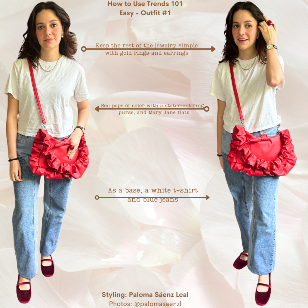 Trends 101 Outfit #1: White t-shirt, medium wash jeans, red velvet Mary-Jane flats, red purse, heart earrings, gold necklace, gold and red rings