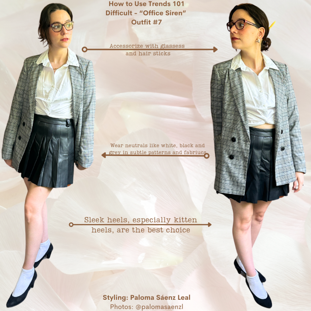 Trends 101 Outfit #7 Office Siren Look: Black leather mini skirt, white cropped button-down shirt, grey blazer, white socks, black velvet pumps, glasses.