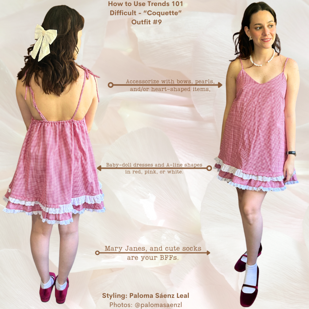 Trends 101 Outfit #9 Coquette Look: Red and white baby doll dress, white socks, red velvet Mary Jane flats, pearl necklace.
