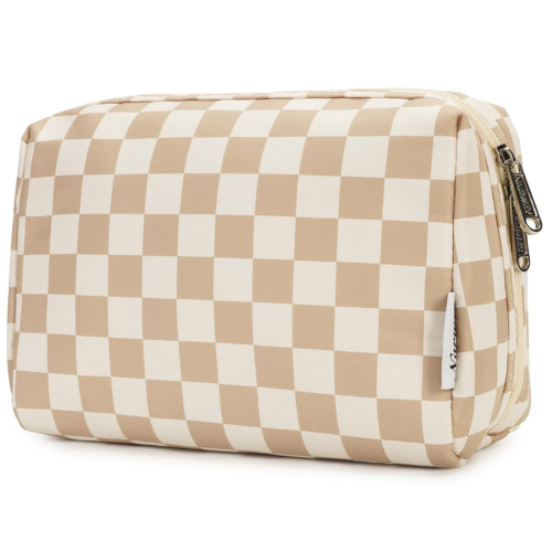 Tan and beige checkerboard makeup bag from Amazon