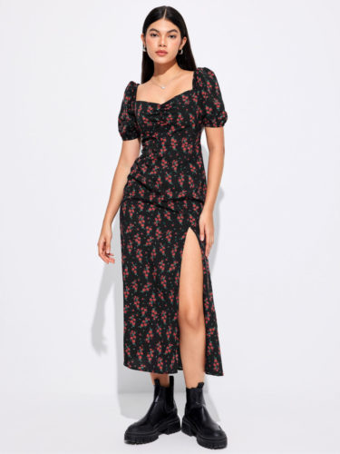 Nyar's Floral Sweetheart Split Midi Dress