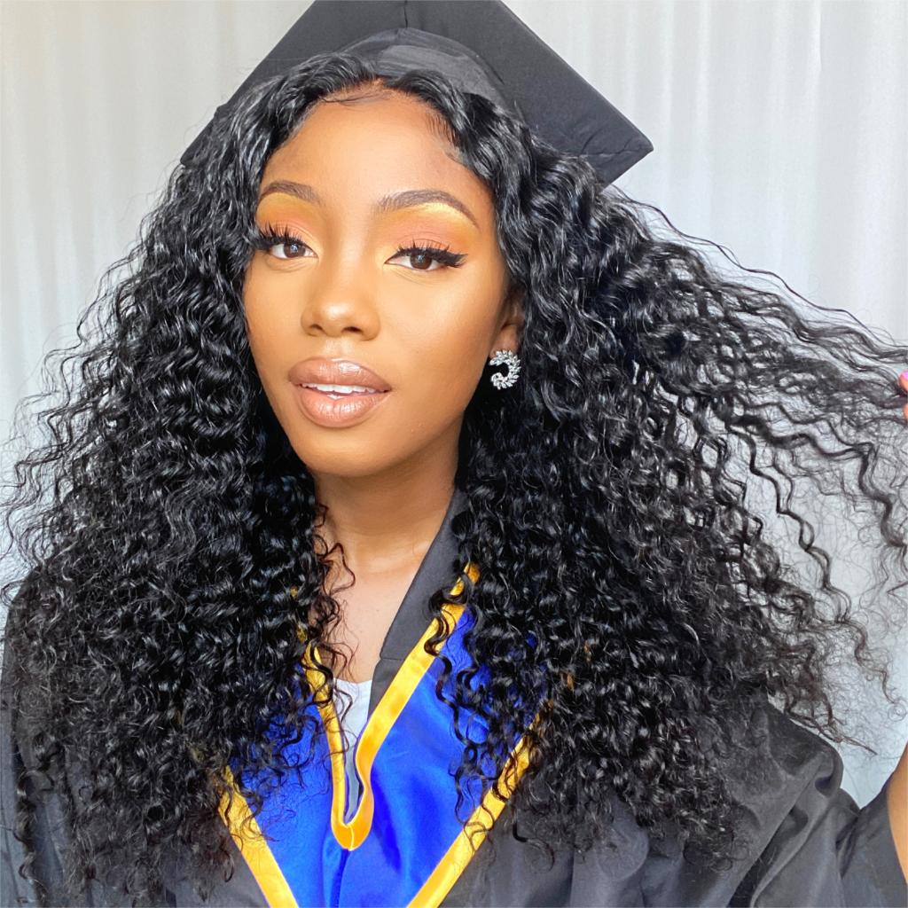 Cover image of brunette graduation hairstyle with photo of black woman with long curly hair wearing graduation cap