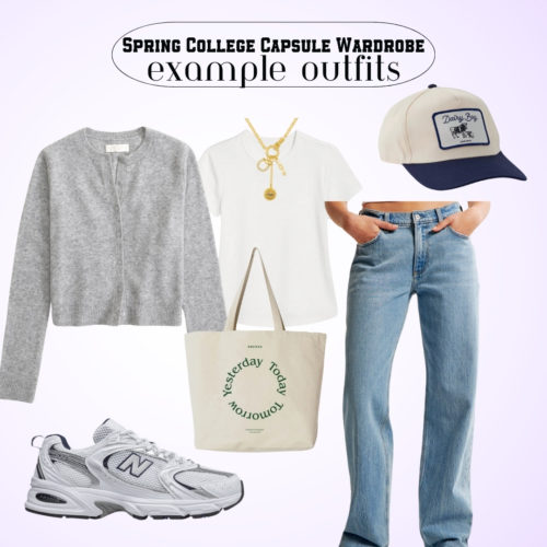 Spring Capsule College Outfit with jeans, sneakers, cardigan and t-shirt