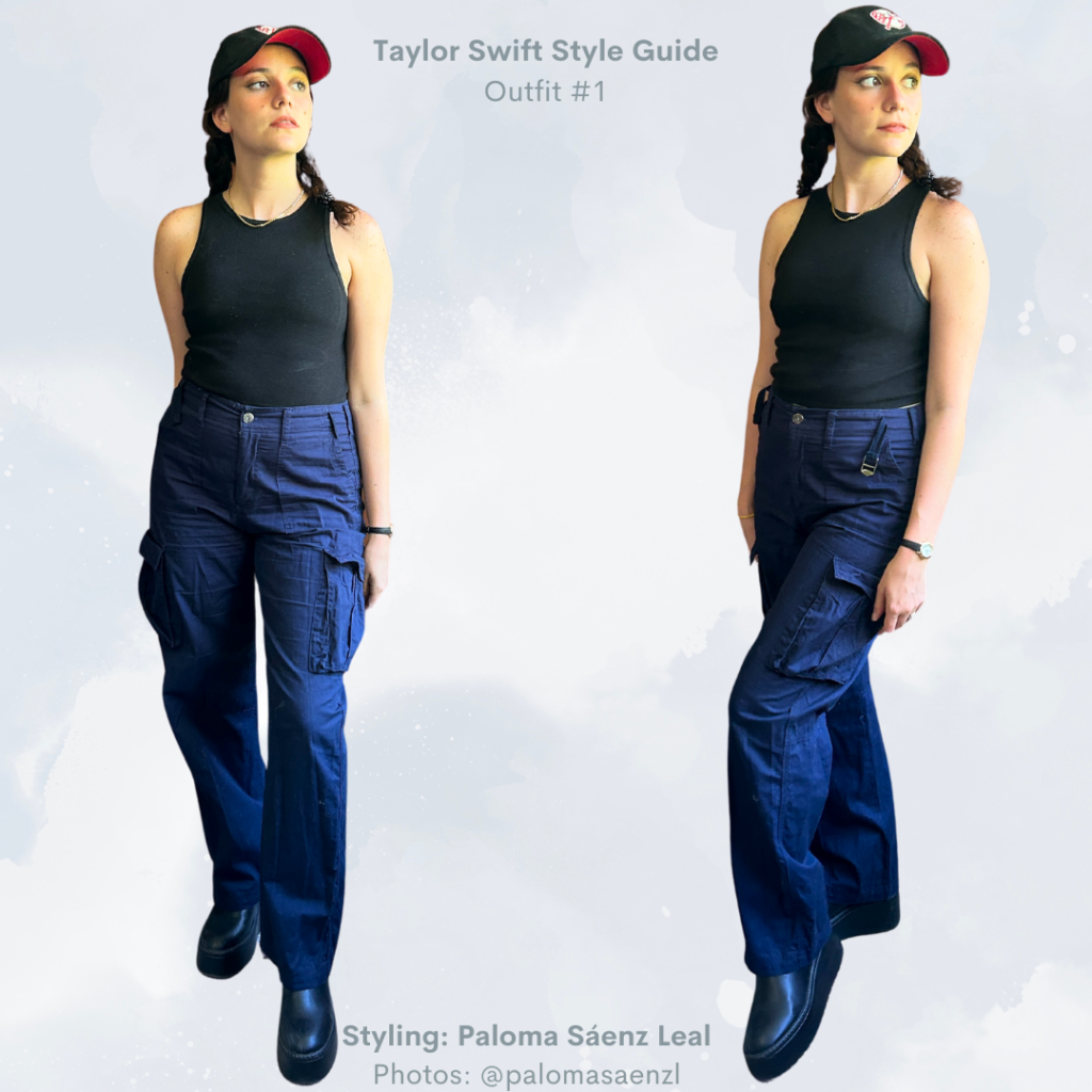 I Dressed Like Taylor Swift for a Week TTPD Outfit #1: Black tank top, blue cargo pants, black platform Chelsea Boots, baseball cap
