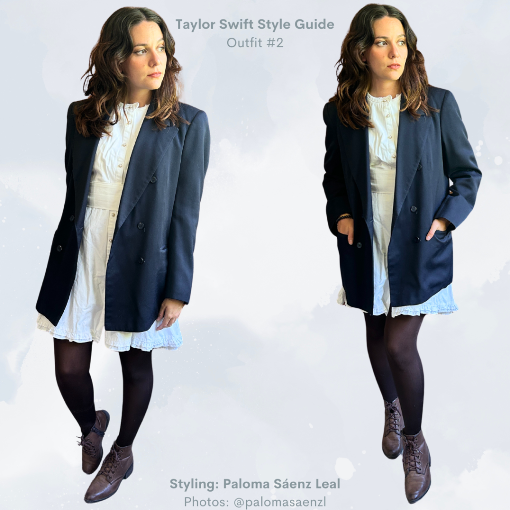 I Dressed Like Taylor Swift for a Week TTPD Outfit #2: white cotton dress, navy blue blaser, brown booties, brown tights