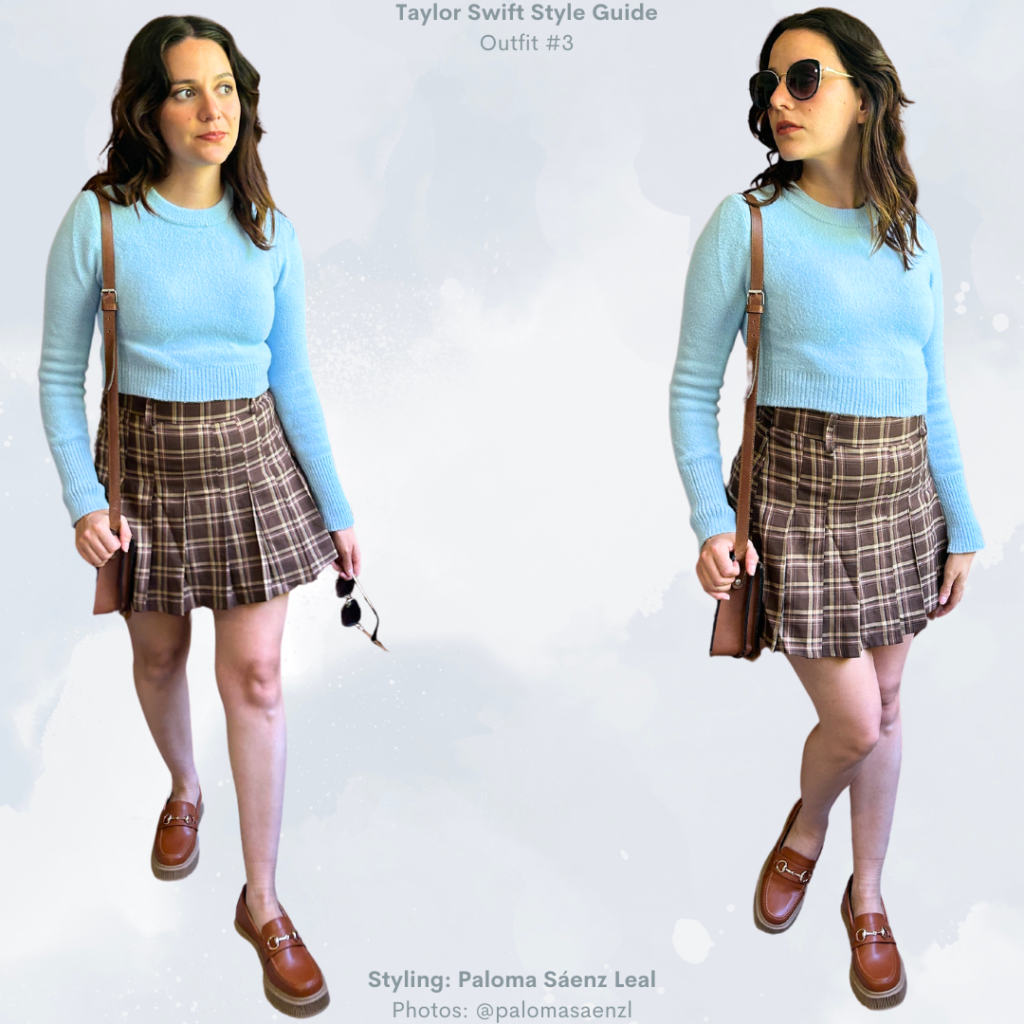 I Dressed Like Taylor Swift for a Week TTPD Outfit #3: Sky blue sweater, pleated brown skirt, cognac loafers, brown bag, sunglasses