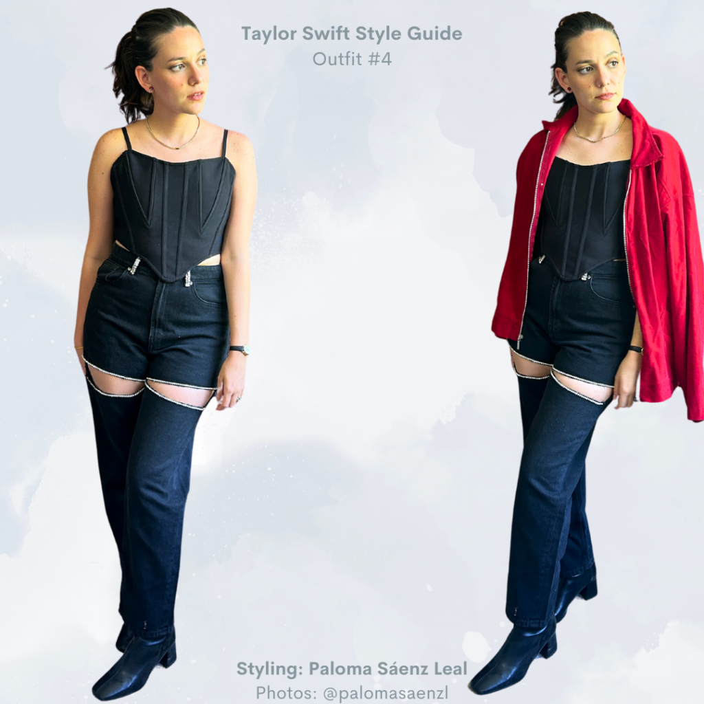I Dressed Like Taylor Swift for a Week TTPD Outfit #4: Black corset top, black bejeweled jeans, black sock booties, red jacket